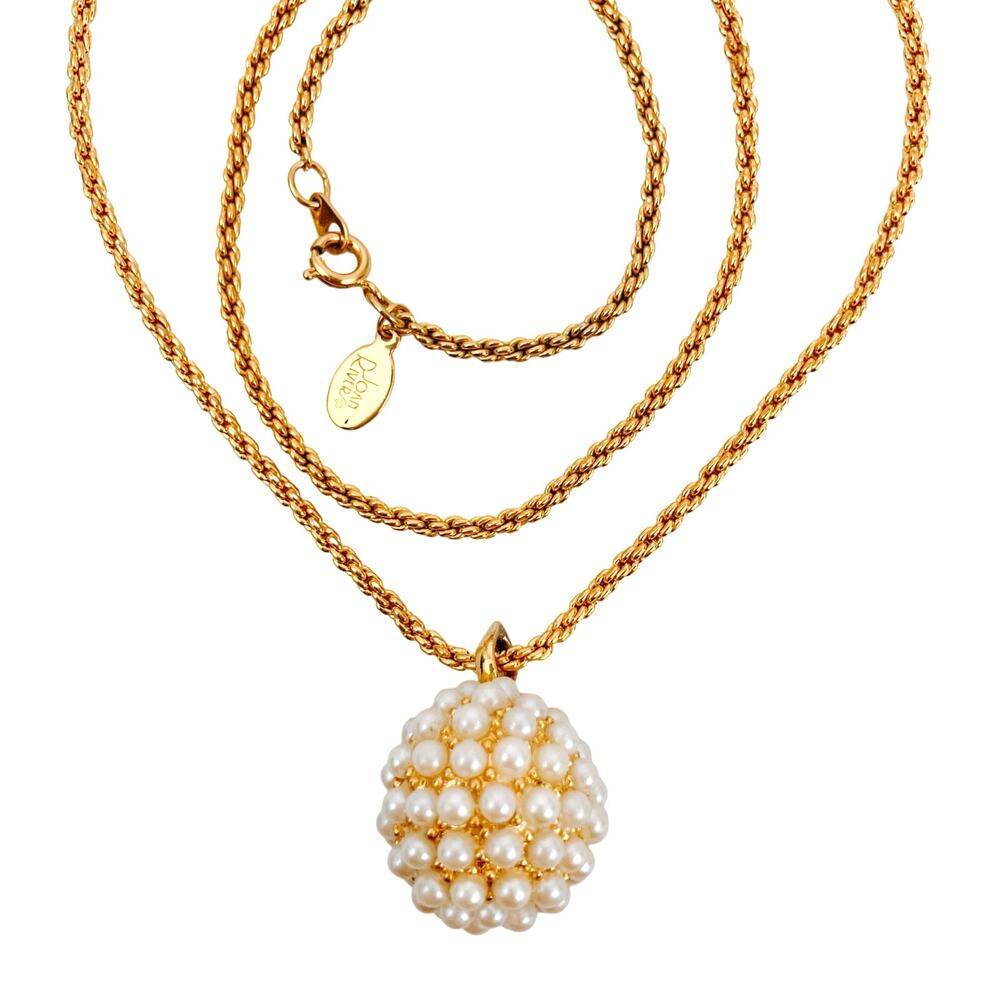 VTG Signed Joan Rivers Faux Peal Cluster Ball 28" Pendant Necklace, Gold Plated